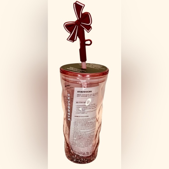 Starbucks Holiday Frosted Rose Tumbler with Lid and Unique Bow Straw Topper - Picture 3 of 6